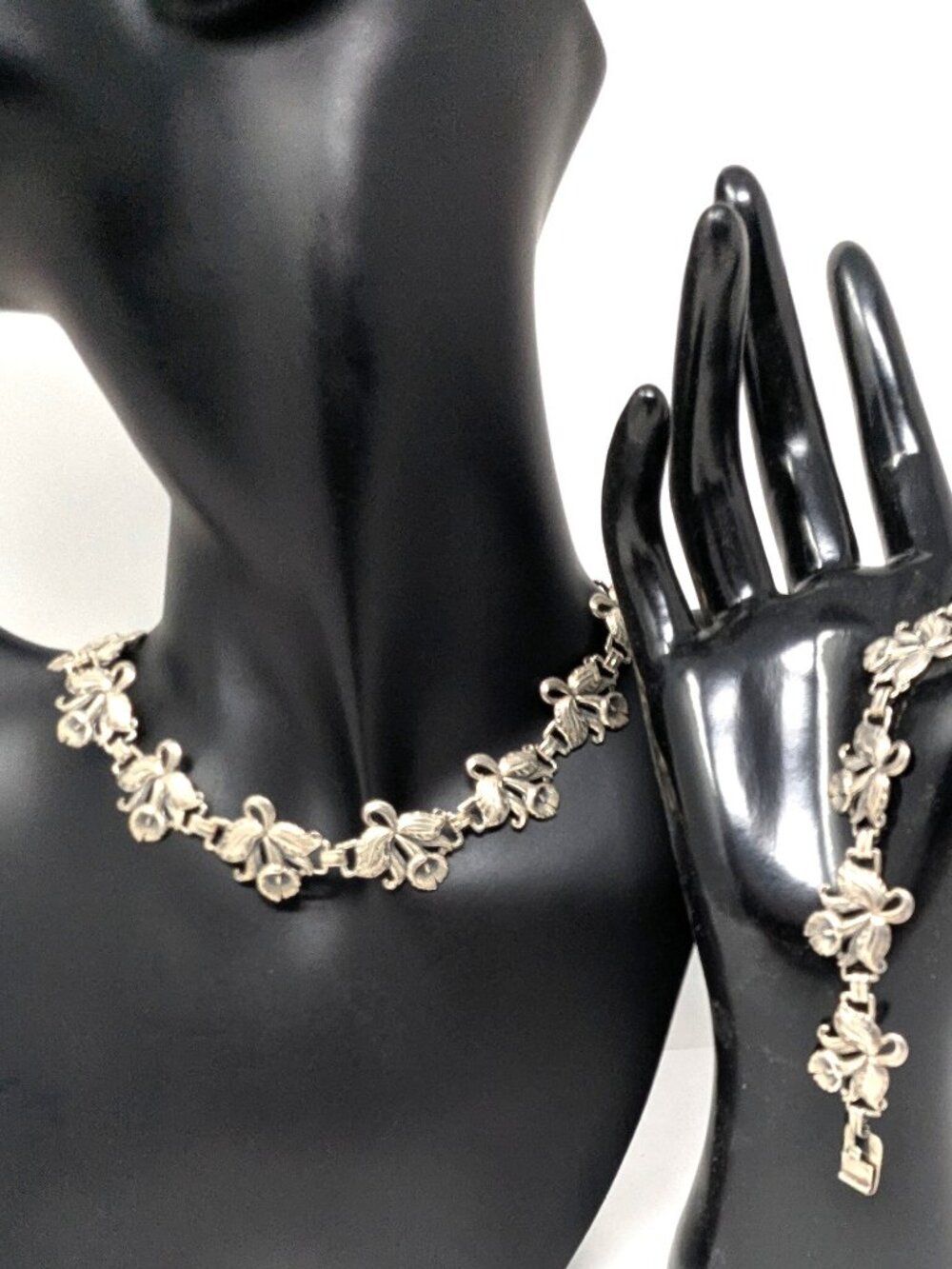 VTG 1940s Guglielmo Cini Sterling Silver Necklace Bracelet Set Cattleya Orchids